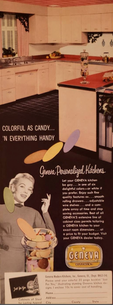 1950s Vintage Kitchen Ad: Geneva Personalized Kitchens - 1954 Ad. "Let your GENEVA Kitchen be gay...in one of six delightful colors - or white if you prefer"