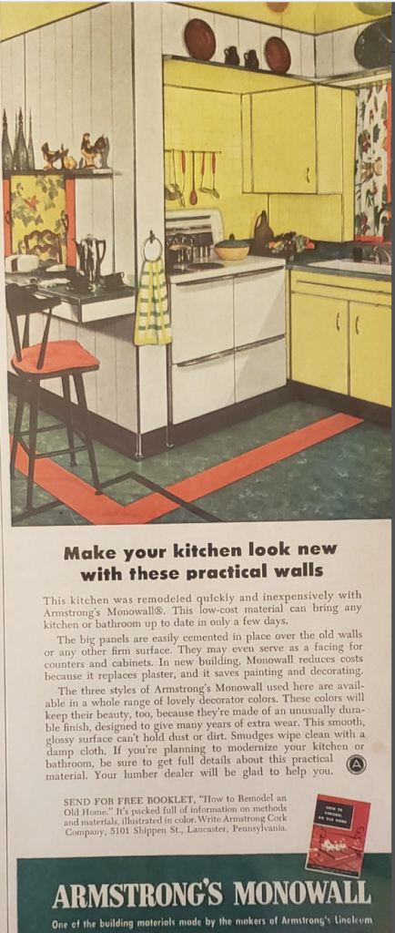 1950s vintage Kitchen ad for Armstrong Monowall that will help make your 1950s kitchen look even better with practical walls. 