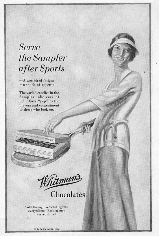 1920s vintage ad for Whitman's Chocolates featuring an illustration of a woman in a tennis outfit