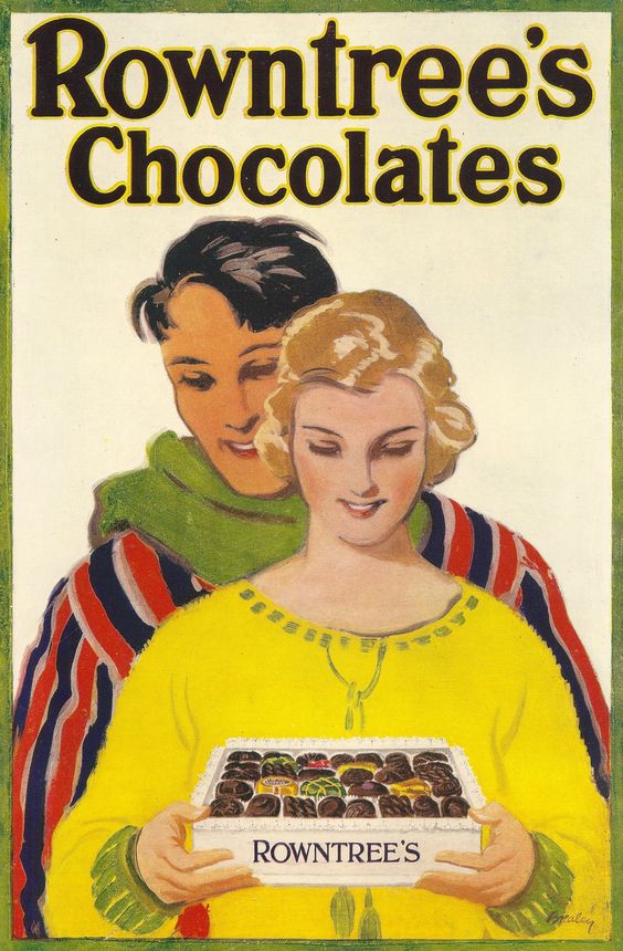 1920s vintage advertisement: Rowntree's Chocolates advert, 1923 featuring an illustration of a couple holding a box of chocolates.