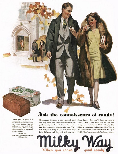 1920s vintage advertisement for Milky Way Chocolate bar featuring two stylish 1920s man and woman in 1920s fashions for this back to school ad. 