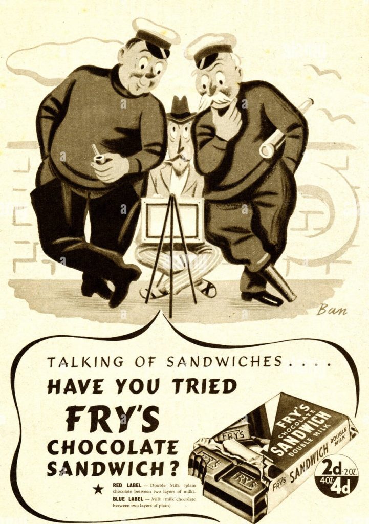 1930s vintage ad for Fry's Chocolate Sandwich Bar featuring an illustration of three men looking at the chocolate. 