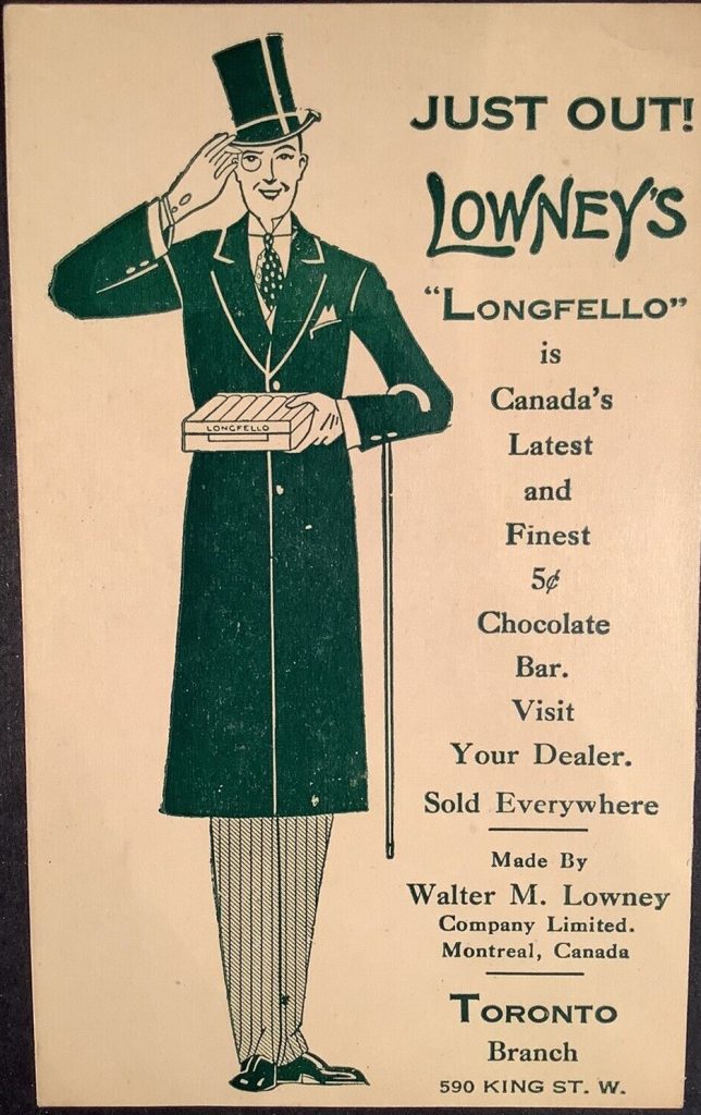 1930s vintage ad for Lowney's Longfello Chocolate Bar a Montreal Canada Company (Branch). 