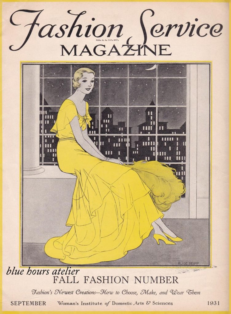 1930s vintage magazine cover: 1931 September - Woman's Institute Fashion Service Magazine featuring an illustration of a woman in 1930s evening gown. 