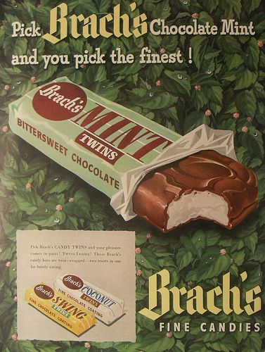 1940s vintage ad for BRACH'S Chocolate Mint bars. Also featured Coconut and Swing Twins chocolate bars. 