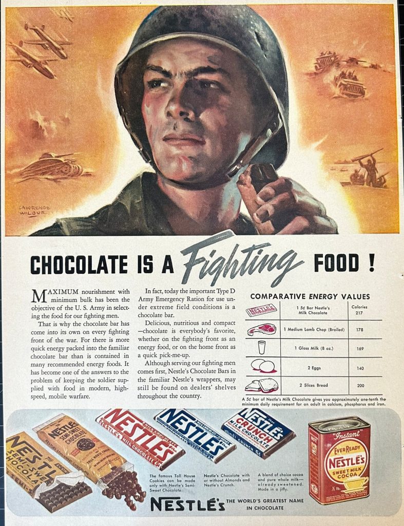 1940s Advertisement: Vintage 1940s nestle’s chocolate ww2 print ad featuring a soldier eating a chocolate bar. 