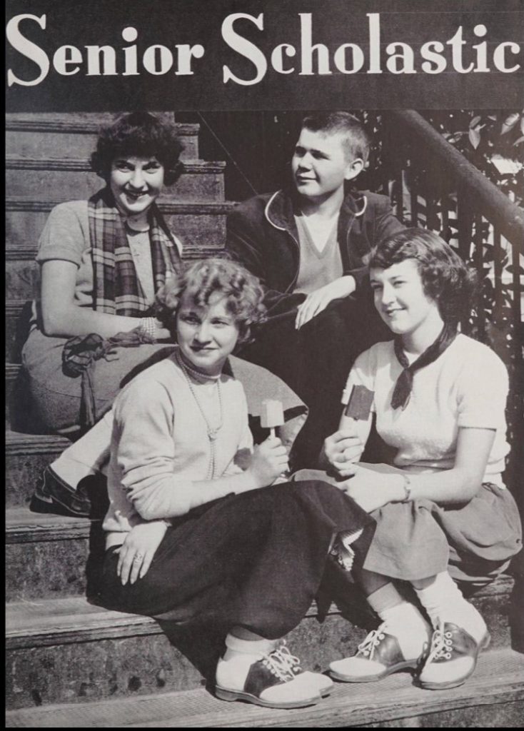 1950s vintage photos of Teens and their saddle shoes. 1955 yearbook photo of 4 highschool students from Hillsborough High School in North Carolina wearing saddles shoes and enjoying ice cream.  Cool 1950s Fashion. 