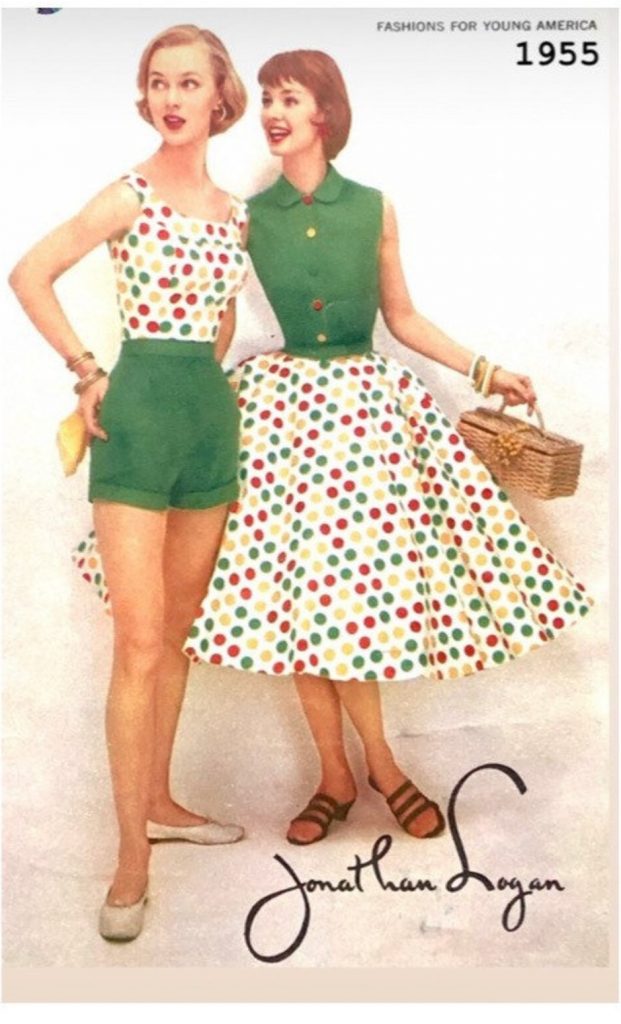 1950s fashion ad from 1955 for Jonathan Logan Polka Dot Top & skirt and green shorts and tops with matching buttons. 