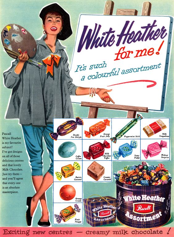 1950s vintage ad for White Heather Chocolates (1956) featuring an illustration of a woman painter with different chocolates you can eat