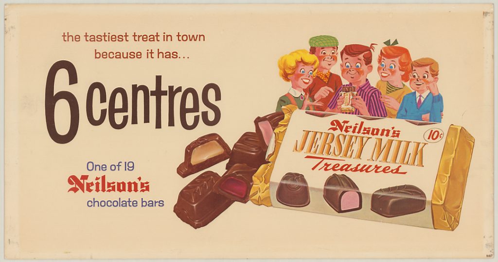 1950s Vintage Advertisement: TTC transit advertising car card for Neilson’s 6 Centres chocolate bar
ca. 1955
City of Toronto Archives
Series 244, Item 131