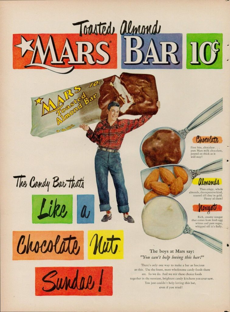 1950s Vintage Advertising for Mars Bar chocolate bar featuring a man in a plaid shirt. The ad is from 1951.