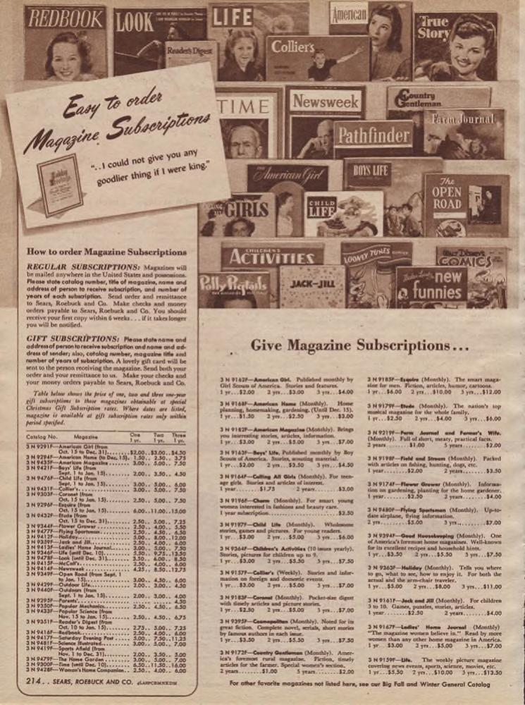 1940s magazine subscriptions for Christmas gifts as seen in a 1947 Sears Christmas Wishbook vintage catalog