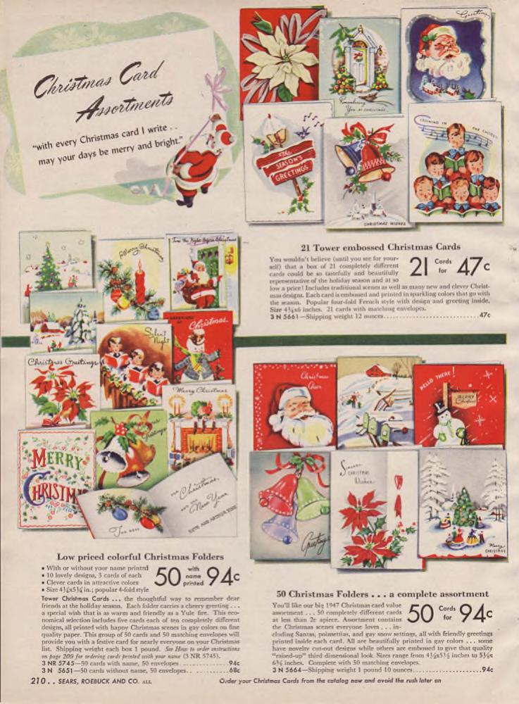 1940s Christmas cards as seen in a 1947 Sears Christmas Wishbook Vintage Catalog 