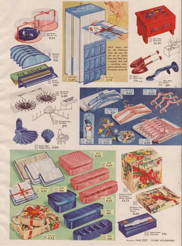 1940s Closet Accessories like hangers and stocking dryers as seen in a 1947  Sears Christmas Wishbook vintage catalog 