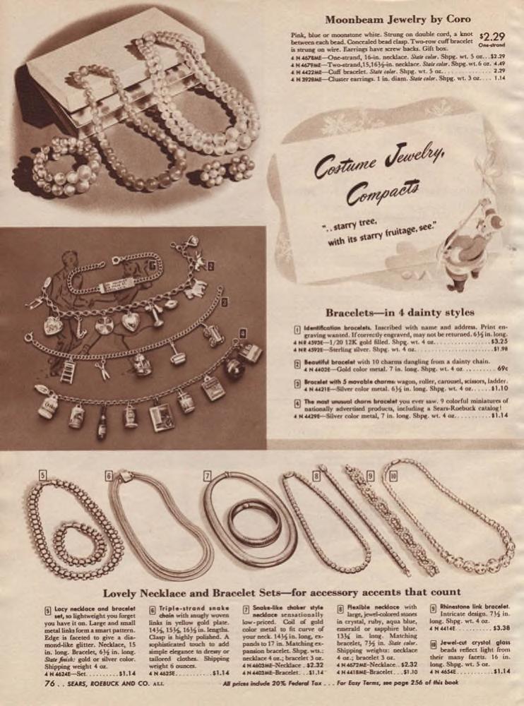 1940s costume jewelry. Moonbean jewelry by Coro and charm bracelets as seen in a 1947 Sears Christmas Wishbook catalog