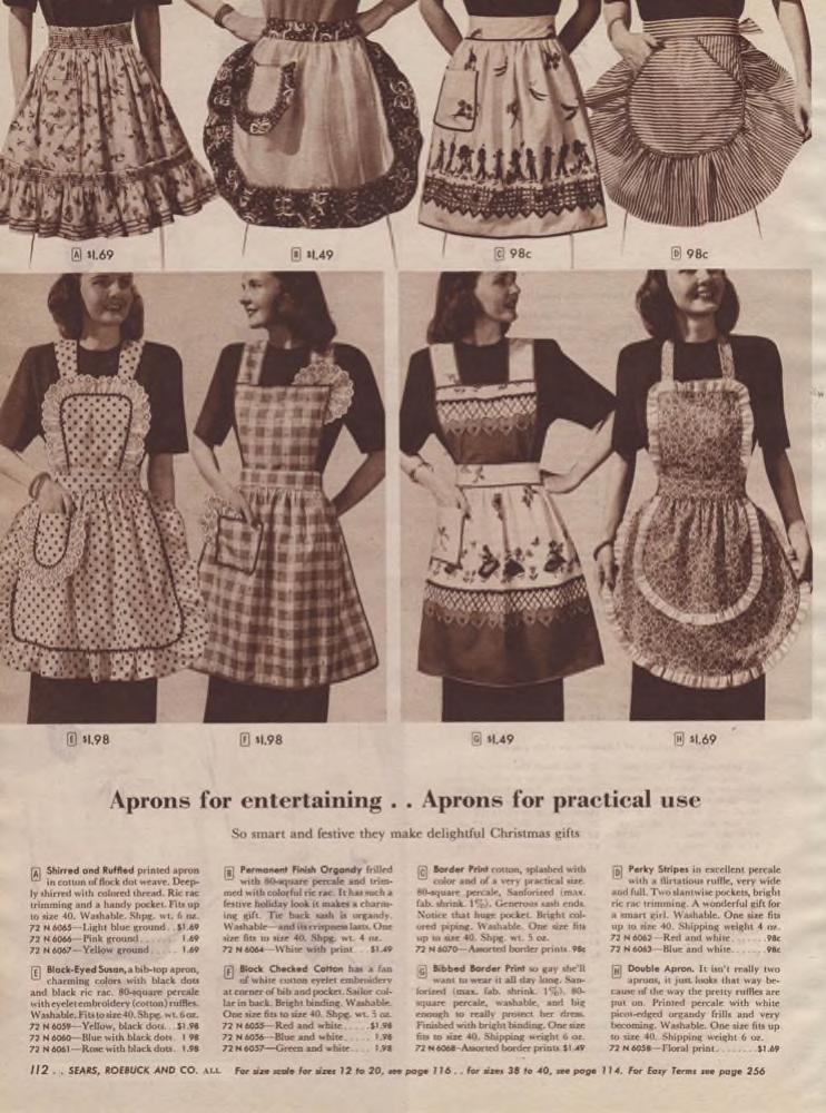 1940s Womens Fashion-Aprons for entertaining and Aprons for practical use as seen in a 1947 Sears Christmas Wishbook catalog