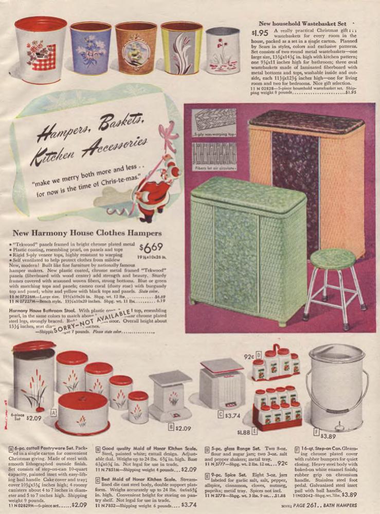 1940s Laundry Hampers, and laundry baskets plus kitchen accessories as seen in a 1947 Sears Christmas Wishbook catalog 