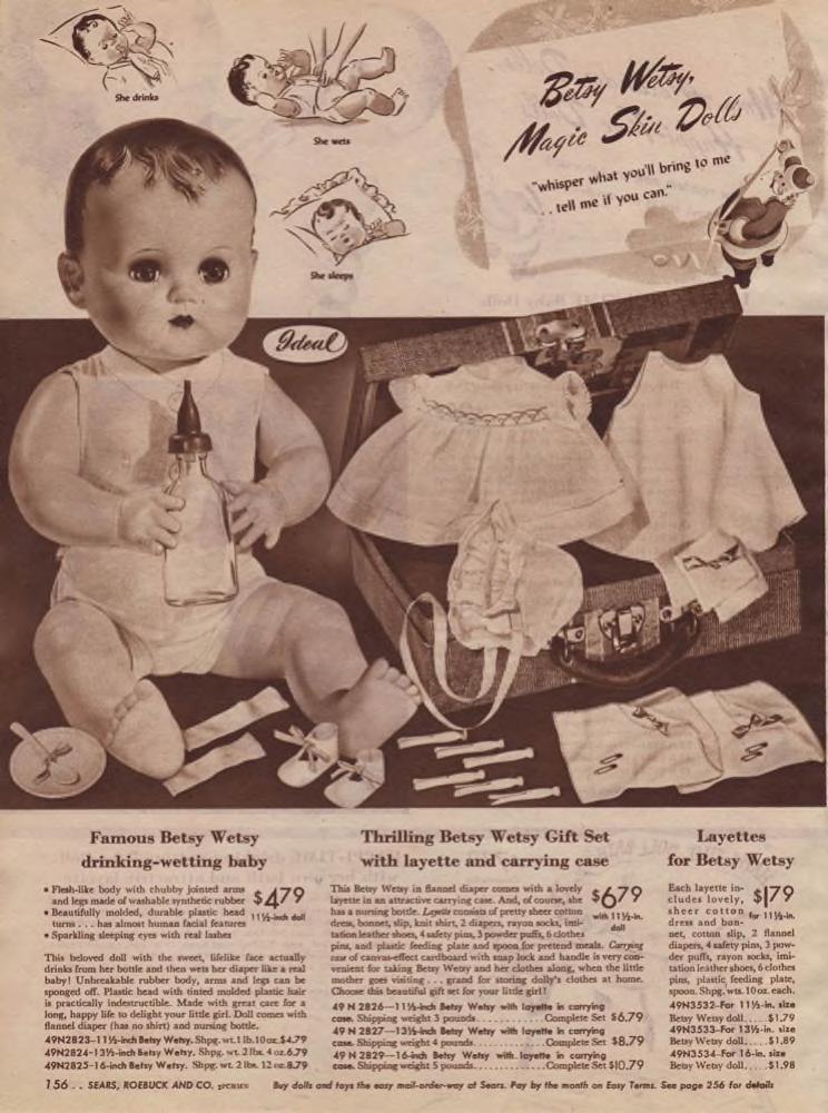 1940s toys for girls-The Betsy Wetsy Magic Skin Dolls as seen in a 1947 Sears Christmas Wishbook vintage catalog 