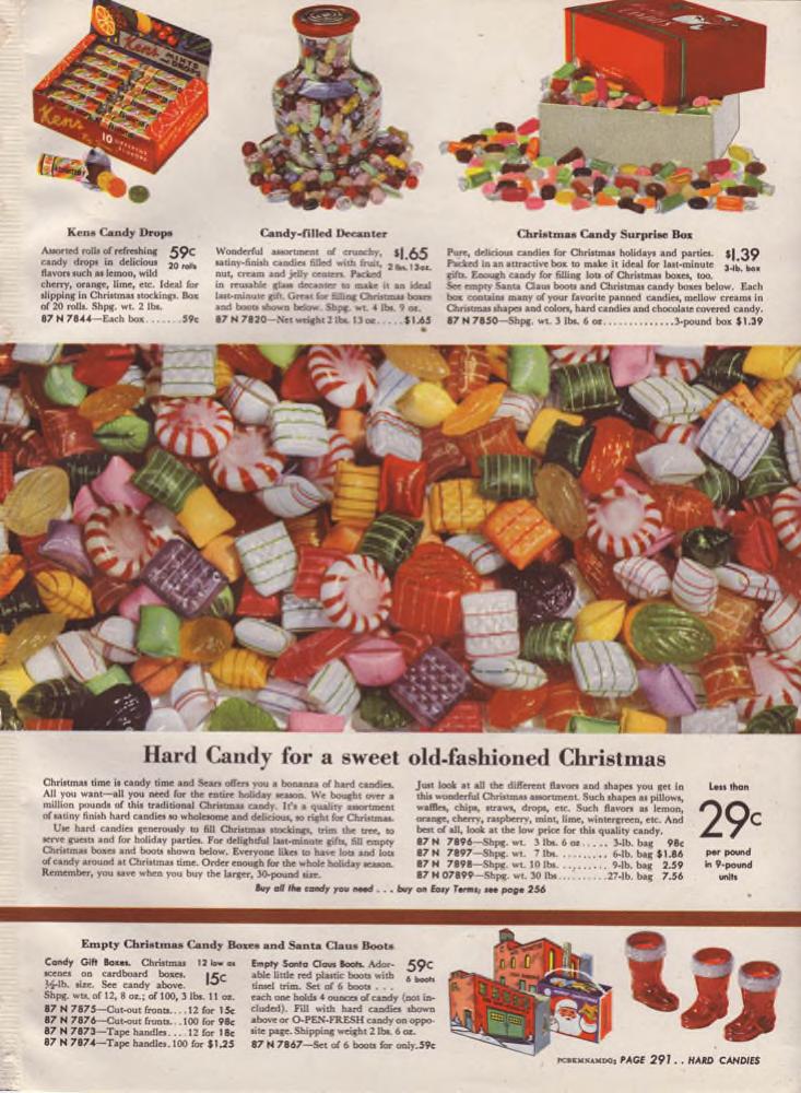 1940s hard candy for Christmas as seen in a 1947 Sears Christmas Wishbook Catalog.