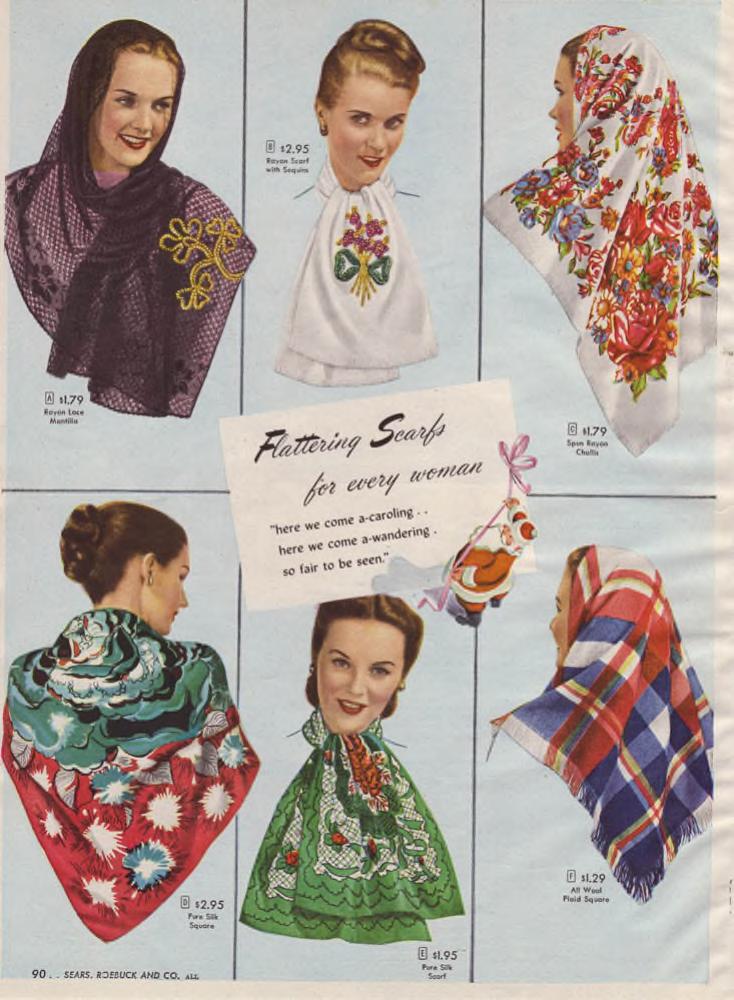 1940s Women's Scarfs as seen in a  1947 Sears Christmas Wishbook catalog. Perfect 1940s hair accessories idea and the perfect gift.