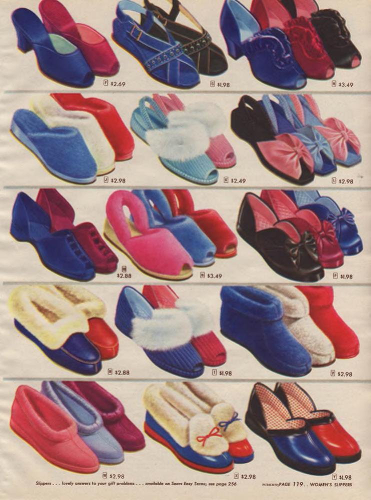 1940s women's fashion-slippers in the latest late 1940s styles as seen in a  1947 Sears Christmas Wishbook catalog.