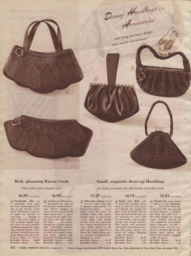 1940s womens handbags / purses as seen in a 1947 Sears Christmas Wishbook catalog