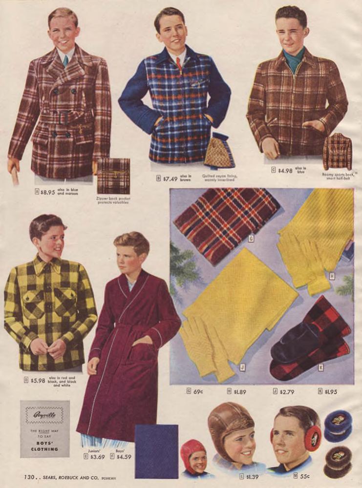 1940s young men's fashion-Flannel jackets, flannel shirts, scarfs, hats and mitts plus robes as seen in a 1947 Sears Christmas Wishbook vintage catalog 