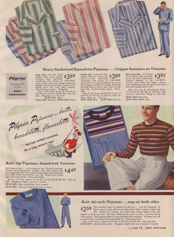 1940s mens fashion: Men's Pajamas as seen in a 1947 Sears Christmas Wishbook