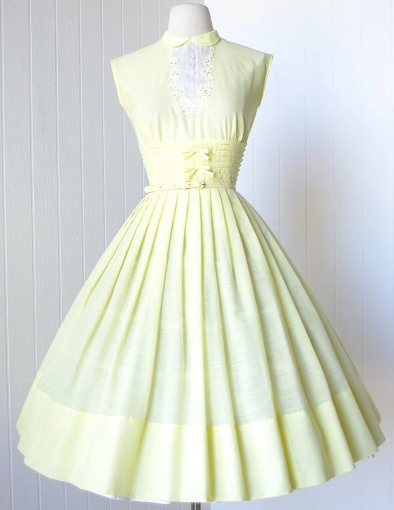 1950s Fashion: vintage 1950's dress ...pretty VICKY VAUGHN lemon meringue color, embroidered shelf-bust full skirt dress with semi-sheer peekaboo panel