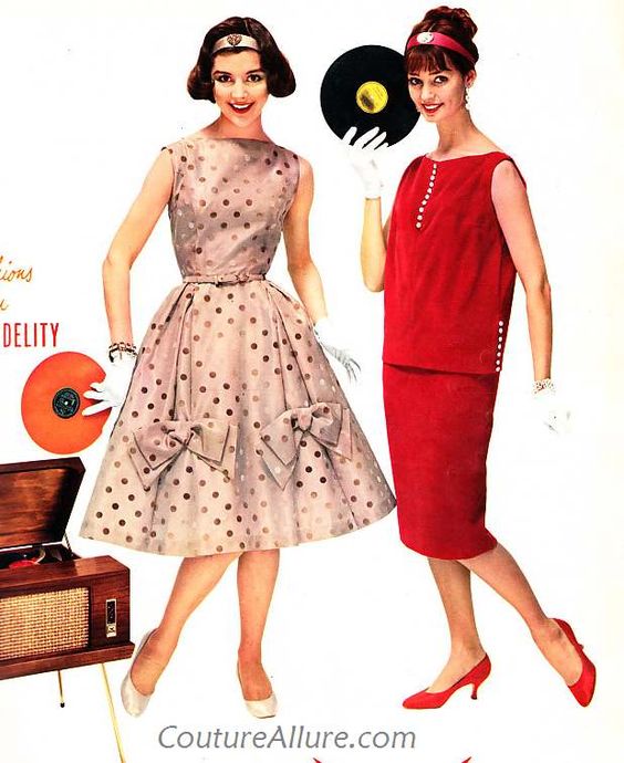 1950s fashion Ad from 1958 featuring Vicky Vaughn dresses. A Fit & Flare Dress and a two piece skirt and oversized top. 