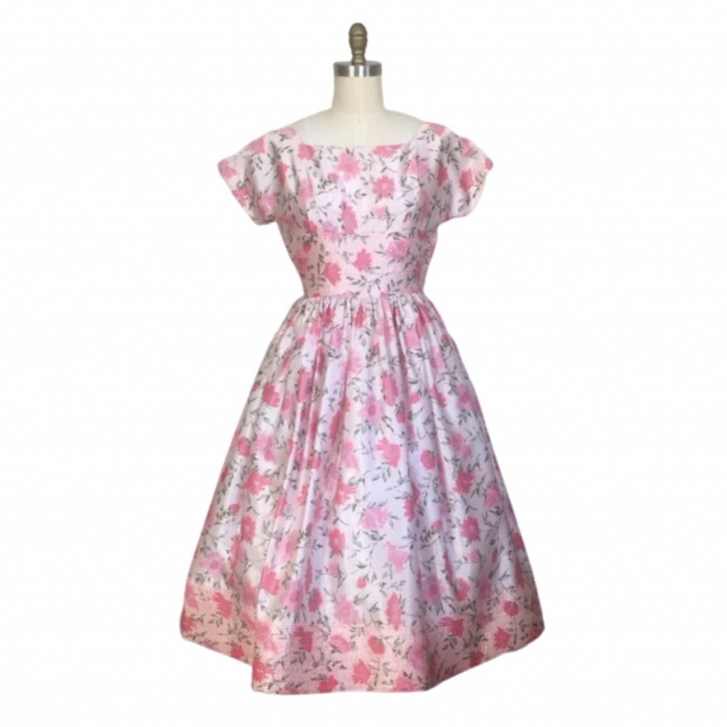 1950s Fashion: 1950s pink floral fit and flare dress from Vicky Vaughn. A fantastic cocktail dress.