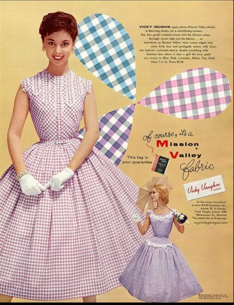 1950s Fashion: 1956 fashion ad featuring Vicky Vaughn dresses in the prettiest of summer plaid (checks). Pretty 1950s dresses. 