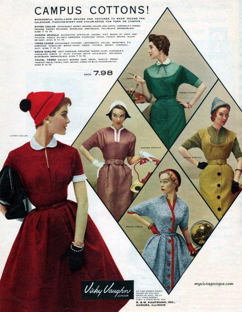 1950s Fashion: "Campus Cottons from Vicky Vaughn". 1953 fashion ad featuring beautiful 1950s dresses. 