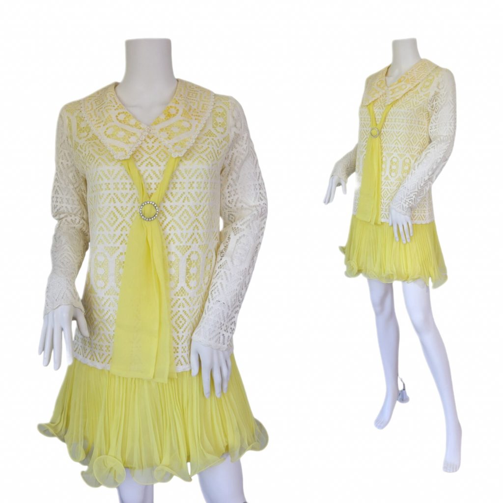 1960s Fashion: Vicky Vaughn 1960's Yellow White Lace Chiffon Mini GoGo Dress 