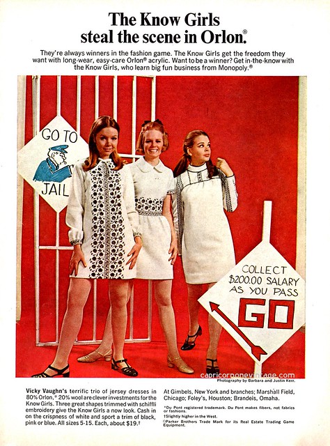 1960s Fashion Ad for Vicky Vaughn 1968 Jersey Shift Dresses featuring a Monopoly themed ad. 