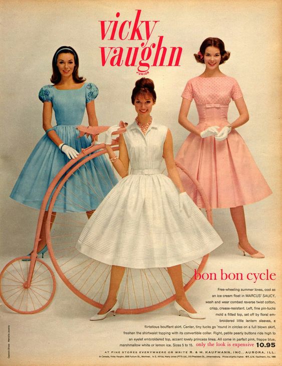 1960s fashion ad for Vicky Vaughn dresses featuring 1960 Fit and Flare Dresses perfect for spring time. 