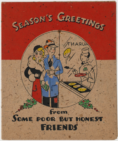 1930s vintage Christmas card featuring a poor couple during the depression unable to partake in food but still wishing everyone Seasons Greetings. 