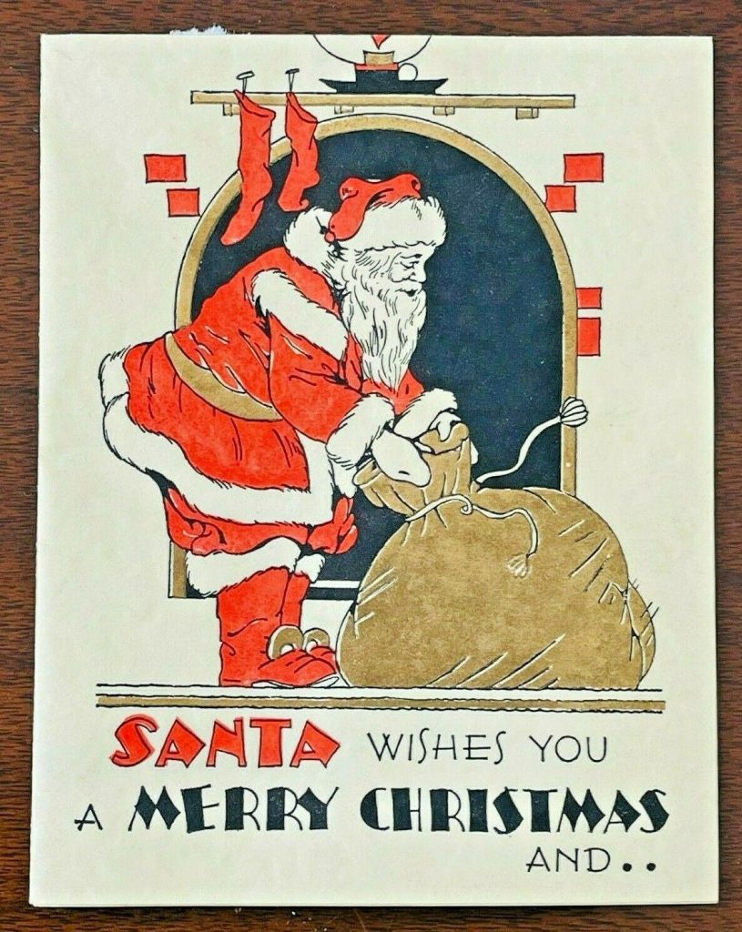 1930s vintage Christmas Card featuring an illustration of Santa with his bag of toys. 