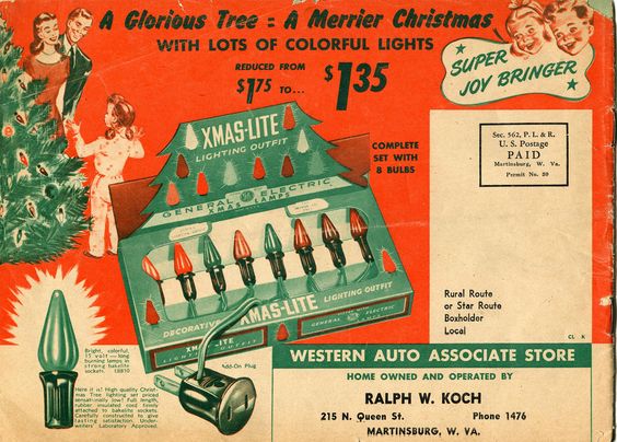 1940s vintage ad for Colorful Christmas light for sale at Western Auto Associate Store. 