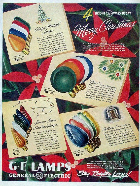 1940s vintage Christmas Ad from 1947 for GE Lamps Christmas Lights in 4 different styles. 