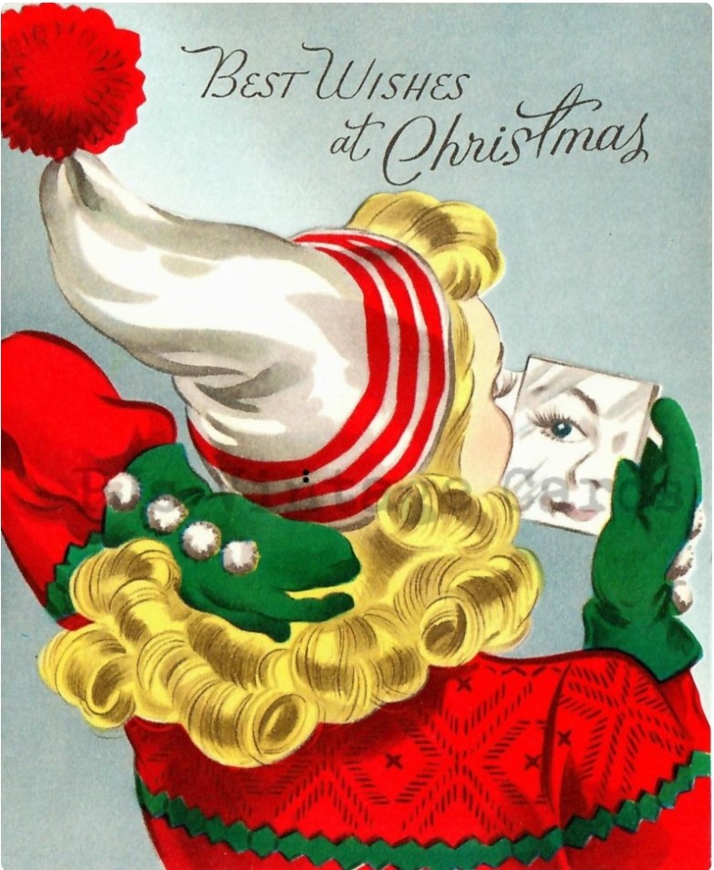 1940s vintage christmas card featuring a blonde woman in a winter hat and gloves and sweater checking her appearance in a mirror