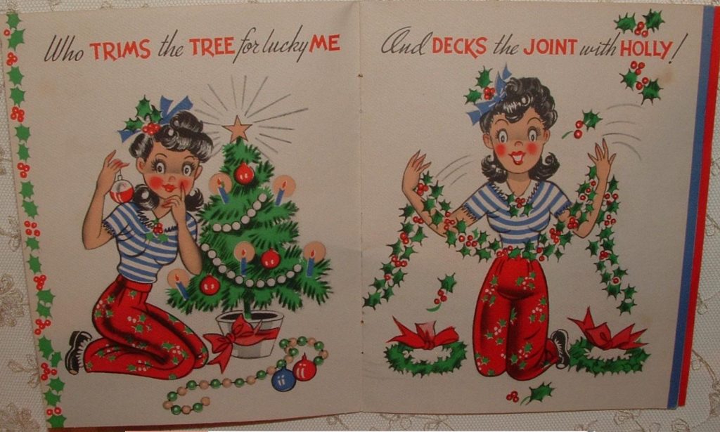 1940s vintage christmas card featuring an illustration of a 1940s young woman by a christmas tree in fun 1940s fashion. 