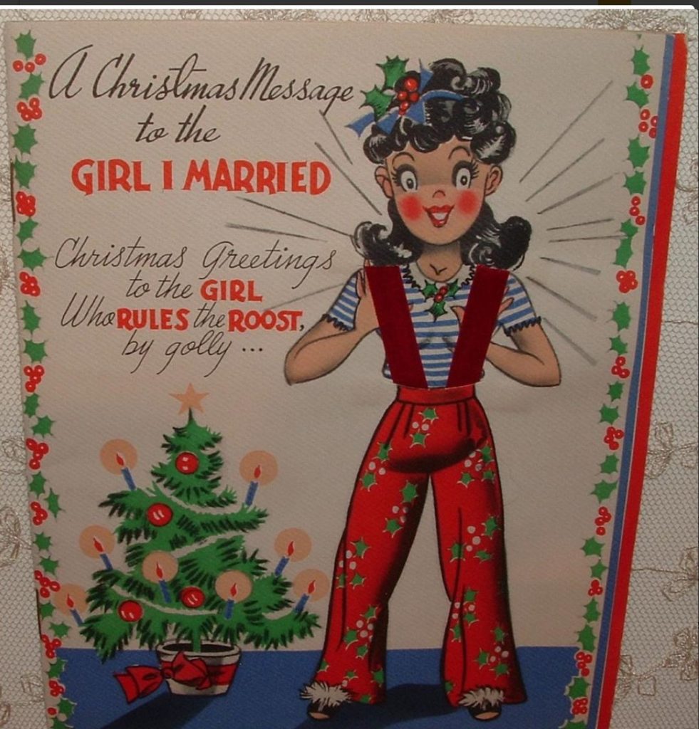 1940s vintage christmas card featuring an illustration of a 1940s young woman by a christmas tree