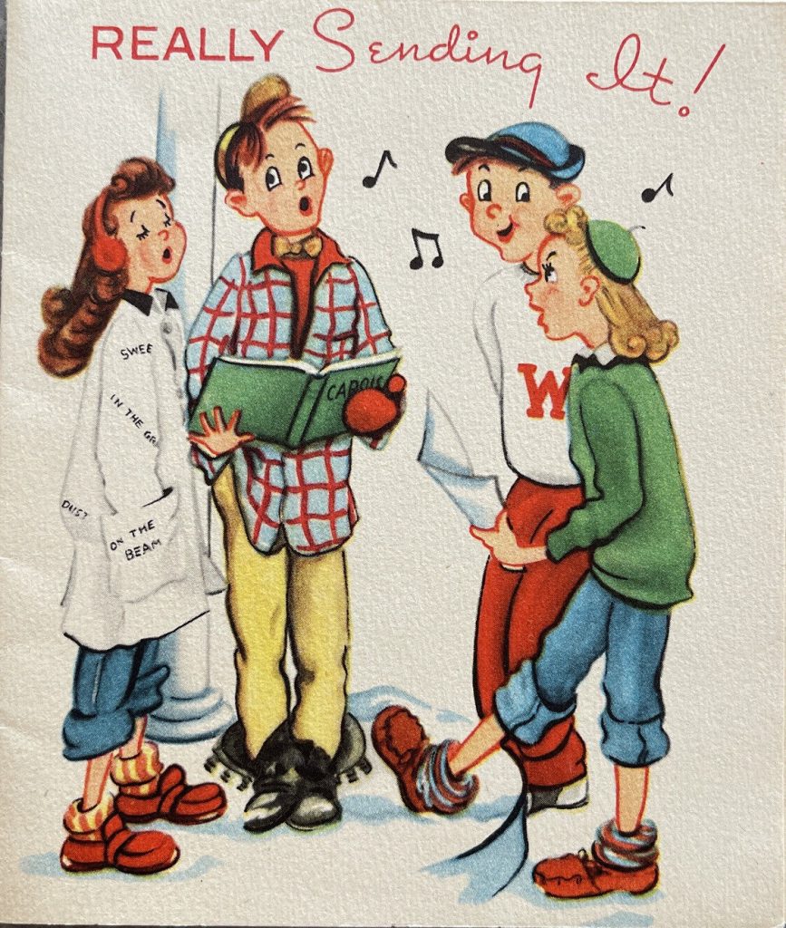 1940s Vintage Christmas Card featuring 4 teenagers in highschool in 1940s fashions singing Christmas Carols 