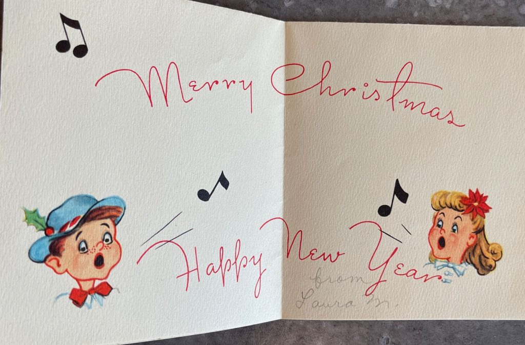 1940s Vintage Christmas Card featuring teenagers in highschool  in 1940s fashions singing Christmas Carols 