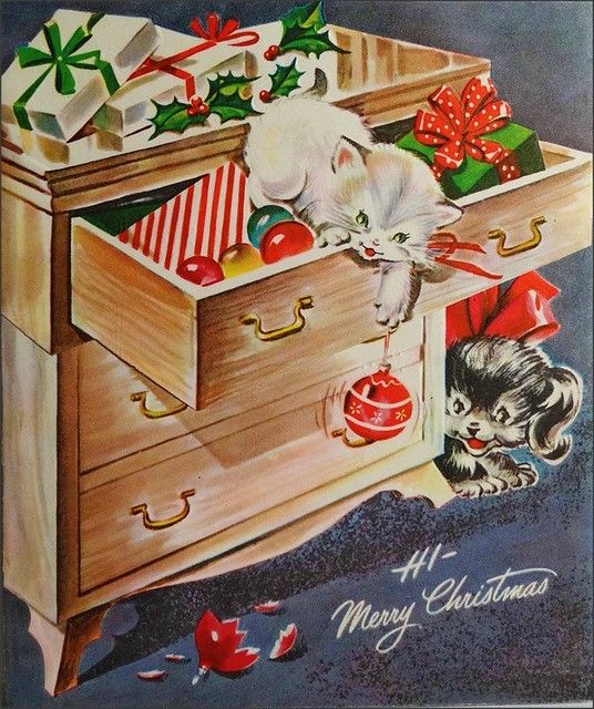 1940s vintage Christmas Card of a cat and a dog getting into trouble where the Christmas gifts and decorations are. 