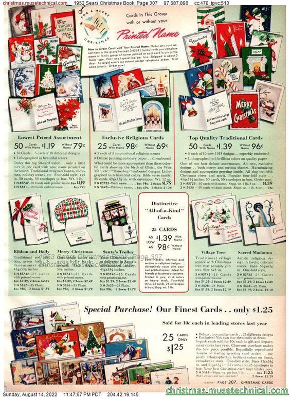 1950 vintage catalog page from a 1953 Sears Christmas Wishbook featuring a page of 1950s Christmas Cards