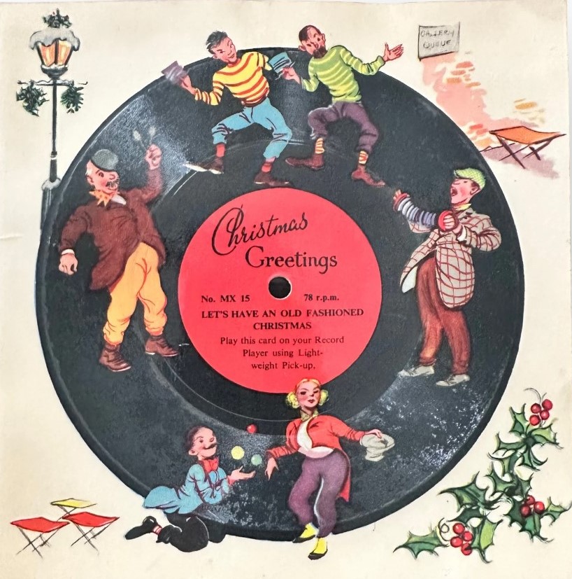 1950s Christmas Card: Wonderful vintage Christmas card with record. The music plays Let’s have an old fashion Christmas. Made by Melody Cards in England Circa 1950’s.