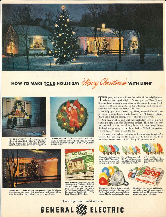 1950s vintage ad for General Electric Christmas lights from 1951 featuring images of homes with Christmas Lights on it. 