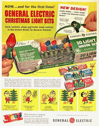 1960s vintage ad: 1963 GE Christmas Lights Ad featuring a mid century illustration of a man putting up the lights on his tree. 